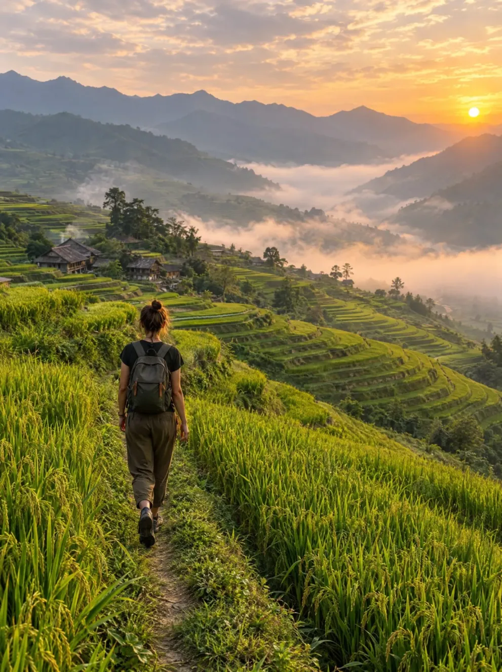 Reisende auf einem Pfad zwischen Reisterrassen in Vietnam