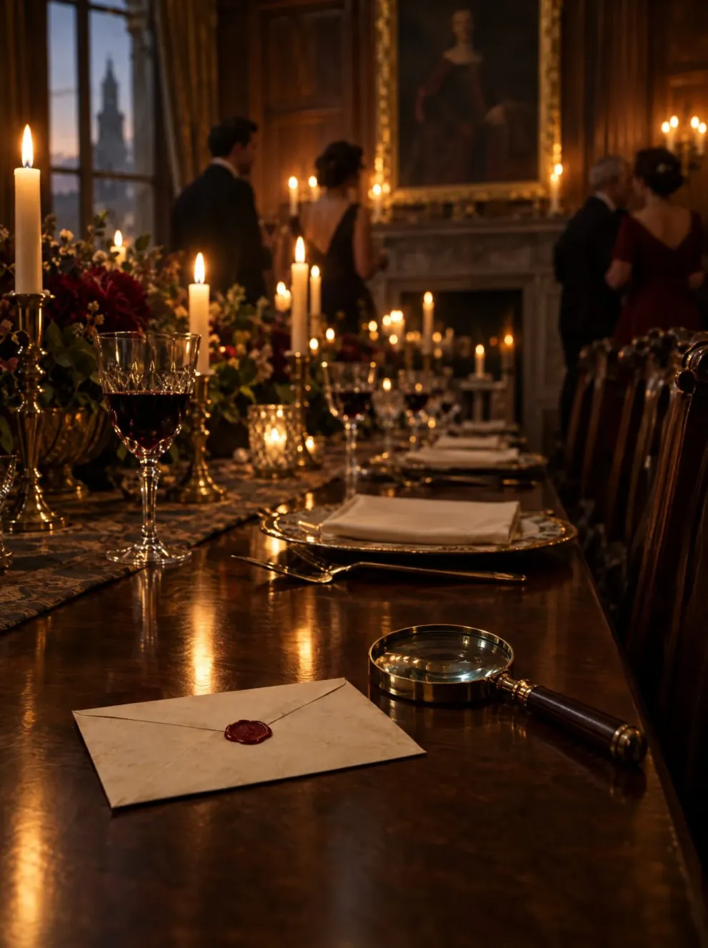 Gedeckte Tafel bei einem Krimidinner im Kerzenlicht