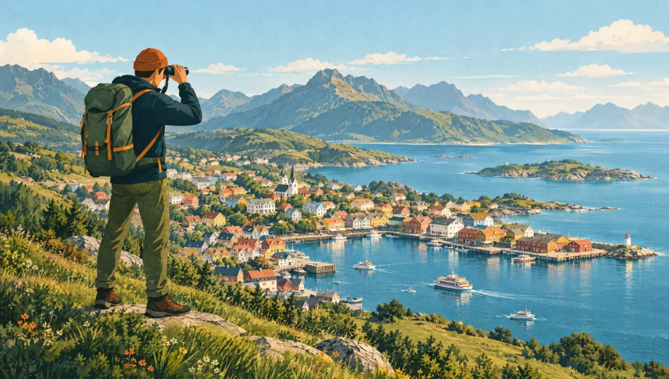 Illustration: Wanderer mit oranger Mütze schaut mit Fernglas auf eine kleine Hafenstadt