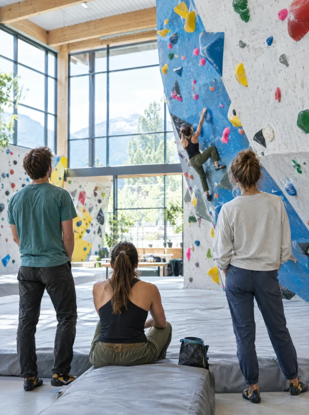 Freunde schauen in einer hellen Kletterhalle einer Kletterin an der Boulderwand zu